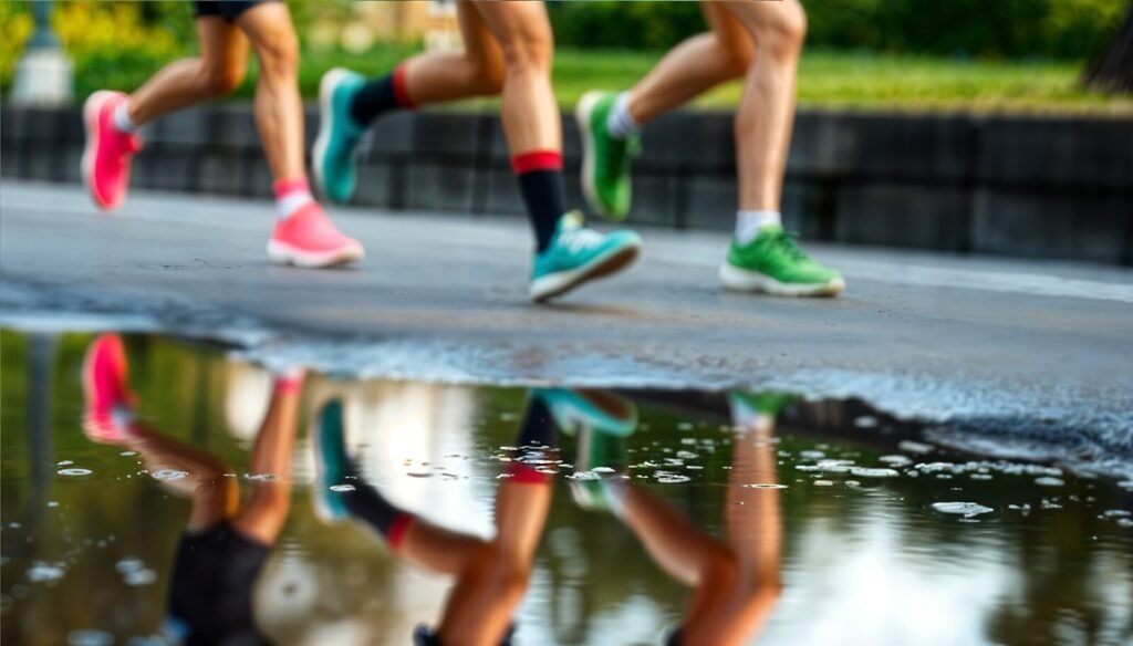 Runners' legs reflected in a puddle on the road.
