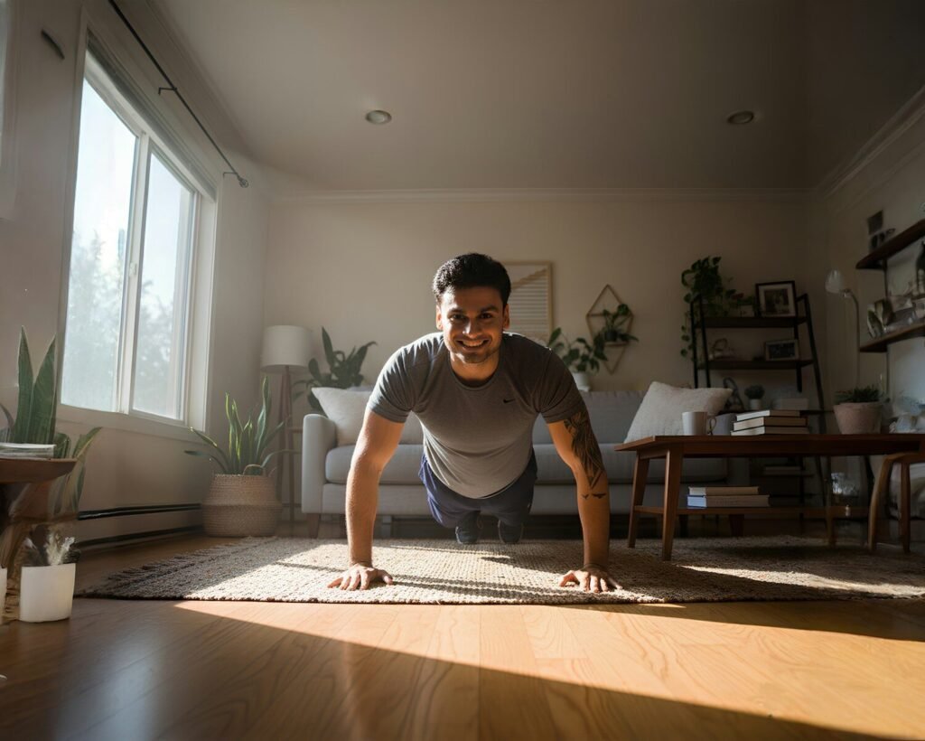 Homem fazendo flexões em sala iluminada como parte de um treino funcional para iniciantes.