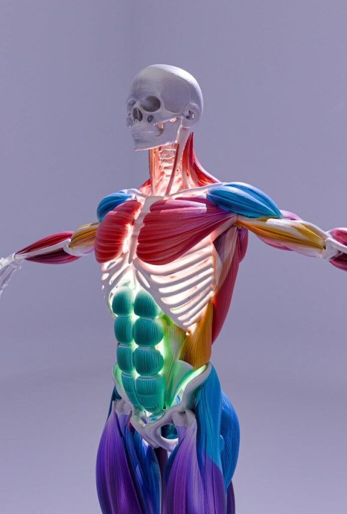 Uso de tadalafila como pré-treino: modelo anatômico destacando a musculatura abdominal